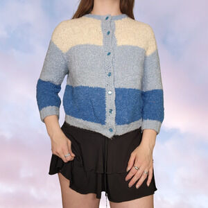 Vtg 60s Handmade 1of1 Knit Blue Tones Button Up Soft Sweetheart Sweater Sz Small